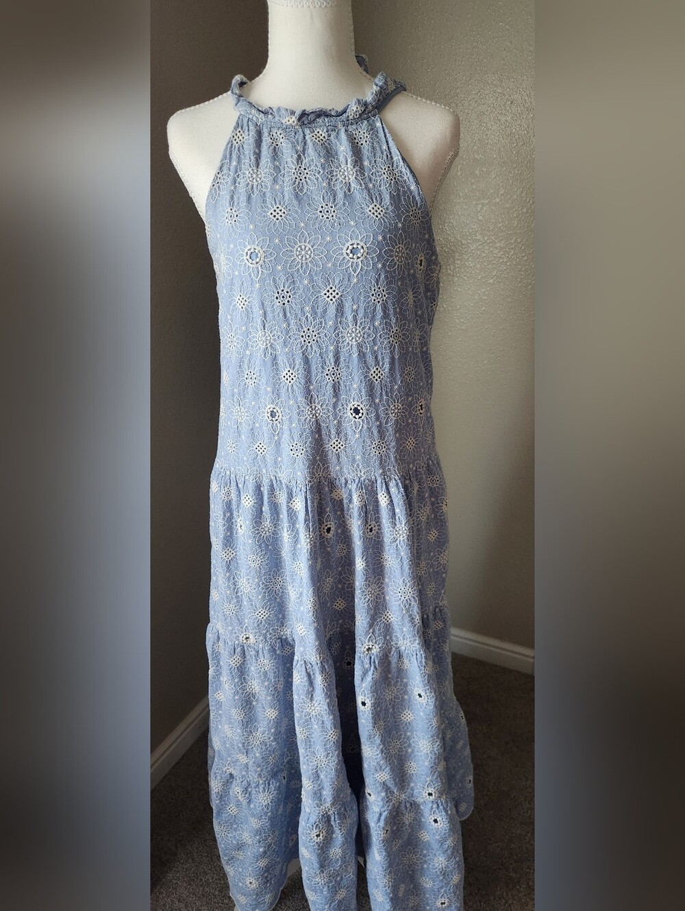 Just Me Light Blue Eyelet Tie-Front Dress